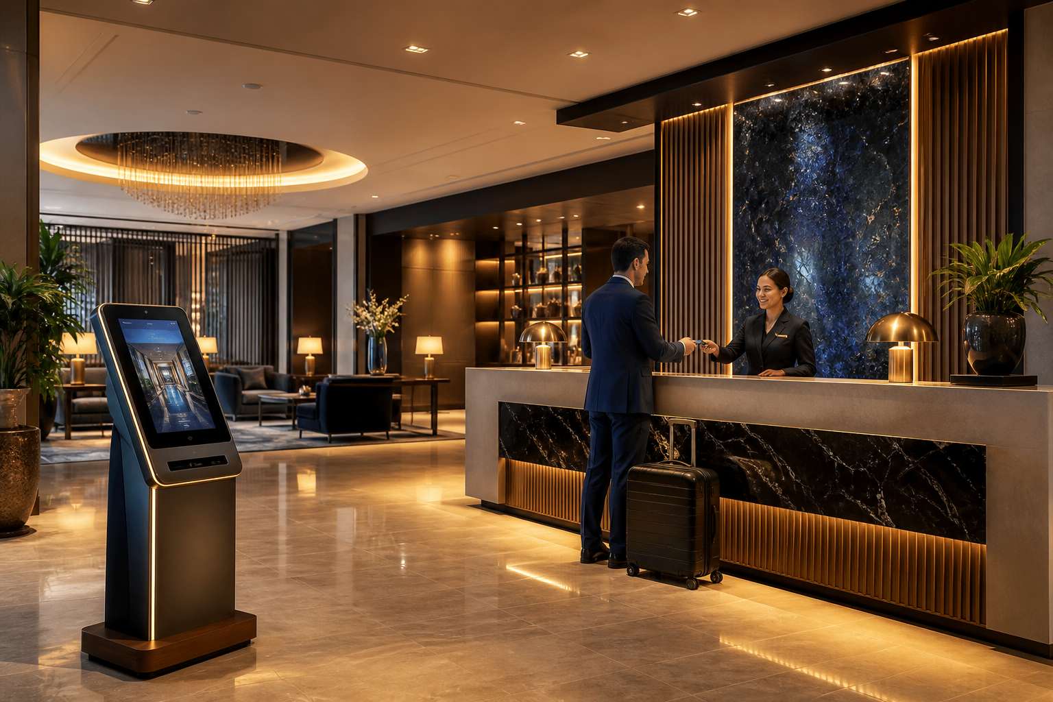 Modern hotel lobby and guest operations